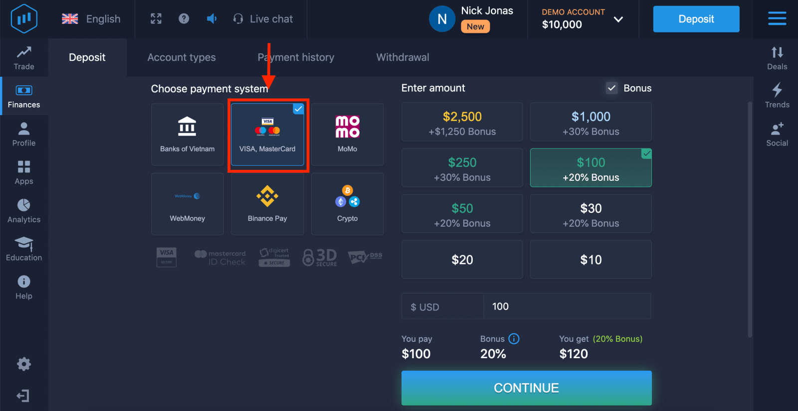 Idiphozithi Imali ku-ExpertOption ngamakhadi asebhange (i-VISA/ MasterCard)