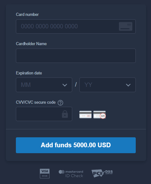 Idiphozithi Imali ku-ExpertOption ngamakhadi asebhange (i-VISA/ MasterCard)
