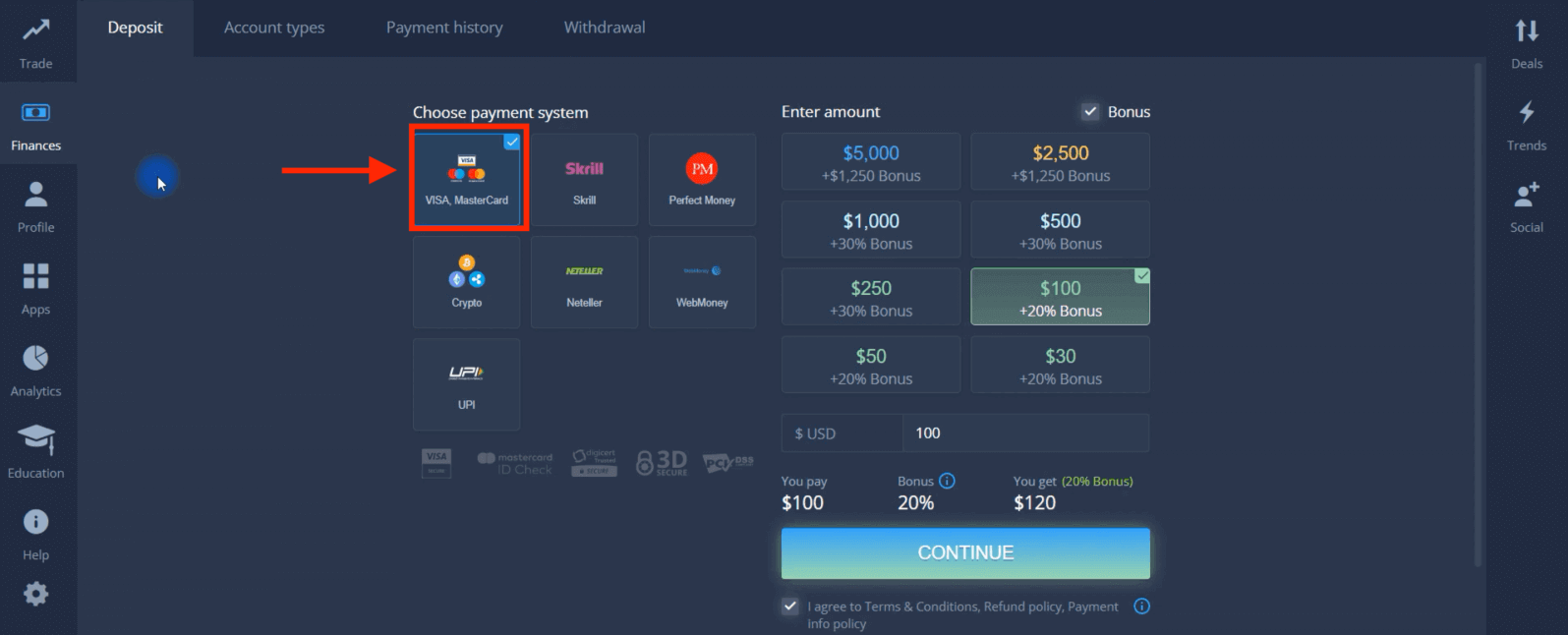 ฝากเงินใน ExpertOption ผ่านบัตรธนาคาร (Visa / Mastercard) การชำระเงินทางอิเล็กทรอนิกส์ และ Cryptocurrency ในมาเลเซีย ฝากเงินใน ExpertOption ผ่านบัตรธนาคาร (Visa / Mastercard) การชำระเงินทางอิเล็กทรอนิกส์ และ Cryptocurrency ในมาเลเซีย