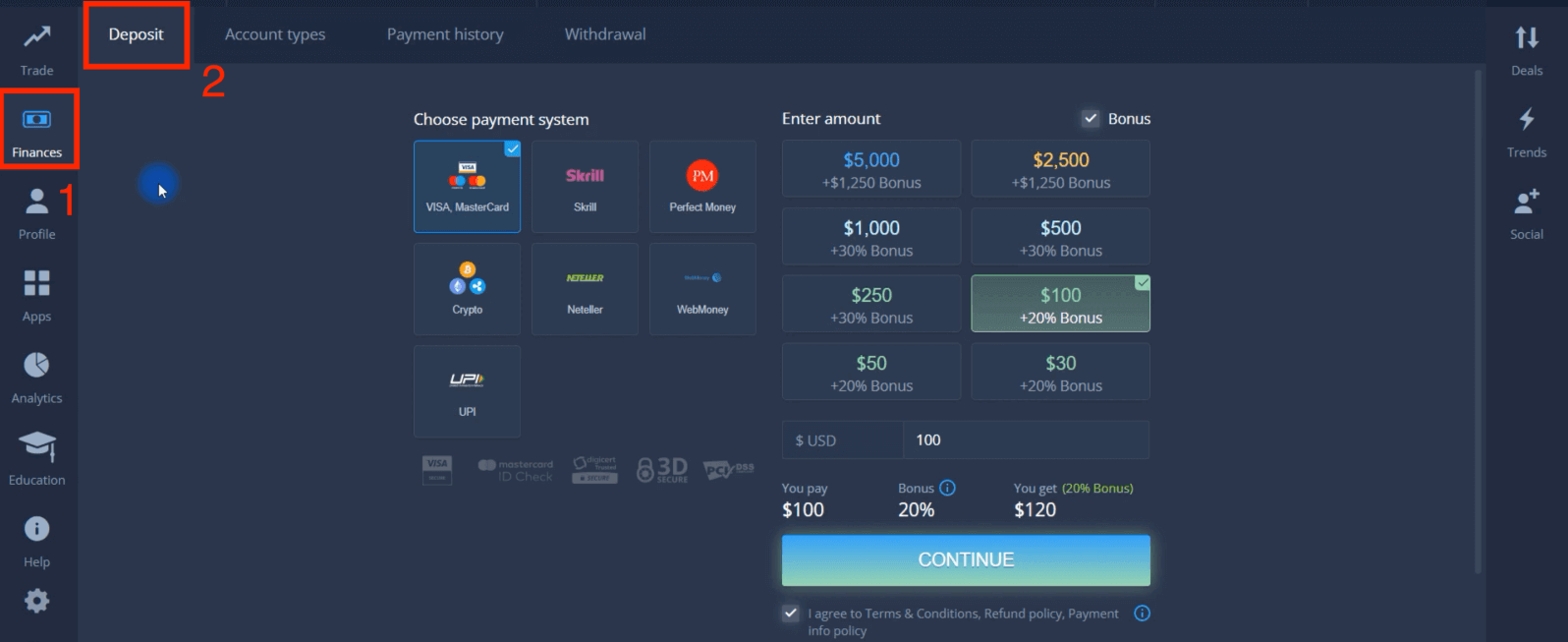 ฝากเงินใน ExpertOption ผ่านบัตรธนาคาร (Visa / Mastercard) การชำระเงินทางอิเล็กทรอนิกส์ และ Cryptocurrency ในมาเลเซีย ฝากเงินใน ExpertOption ผ่านบัตรธนาคาร (Visa / Mastercard) การชำระเงินทางอิเล็กทรอนิกส์ และ Cryptocurrency ในมาเลเซีย