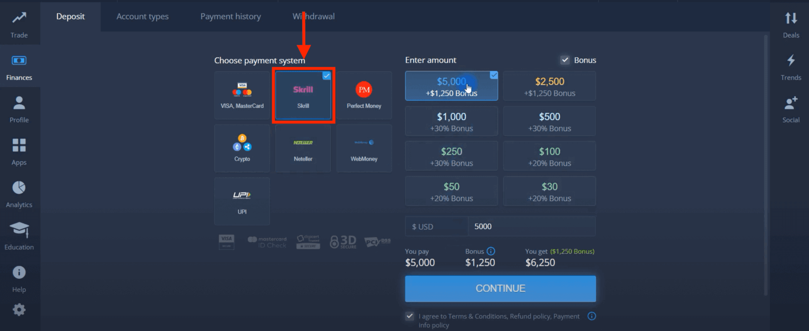 ฝากเงินใน ExpertOption ผ่านบัตรธนาคาร (Visa / Mastercard) การชำระเงินทางอิเล็กทรอนิกส์ และ Cryptocurrency ในมาเลเซีย ฝากเงินใน ExpertOption ผ่านบัตรธนาคาร (Visa / Mastercard) การชำระเงินทางอิเล็กทรอนิกส์ และ Cryptocurrency ในมาเลเซีย
