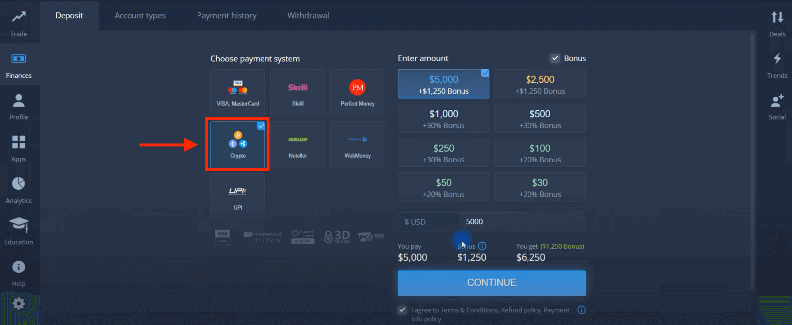 Deposite dinheiro em ExpertOption via cartões bancários (Visa / Mastercard), pagamentos eletrônicos e criptomoeda em Cingapura Deposite dinheiro em ExpertOption via cartões bancários (Visa / Mastercard), pagamentos eletrônicos e criptomoeda em Cingapura