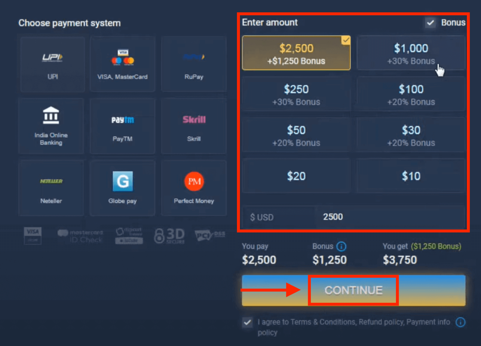 Idiphozithi Imali ku-ExpertOption ngamakhadi asebhange (i-Visa / Mastercard), izinkokhelo ze-E (UPI, RuPay, Skrill, Neteller, PayTM, Globe pay, Perfect Money) kanye ne-Cryptocurrency eNdiya