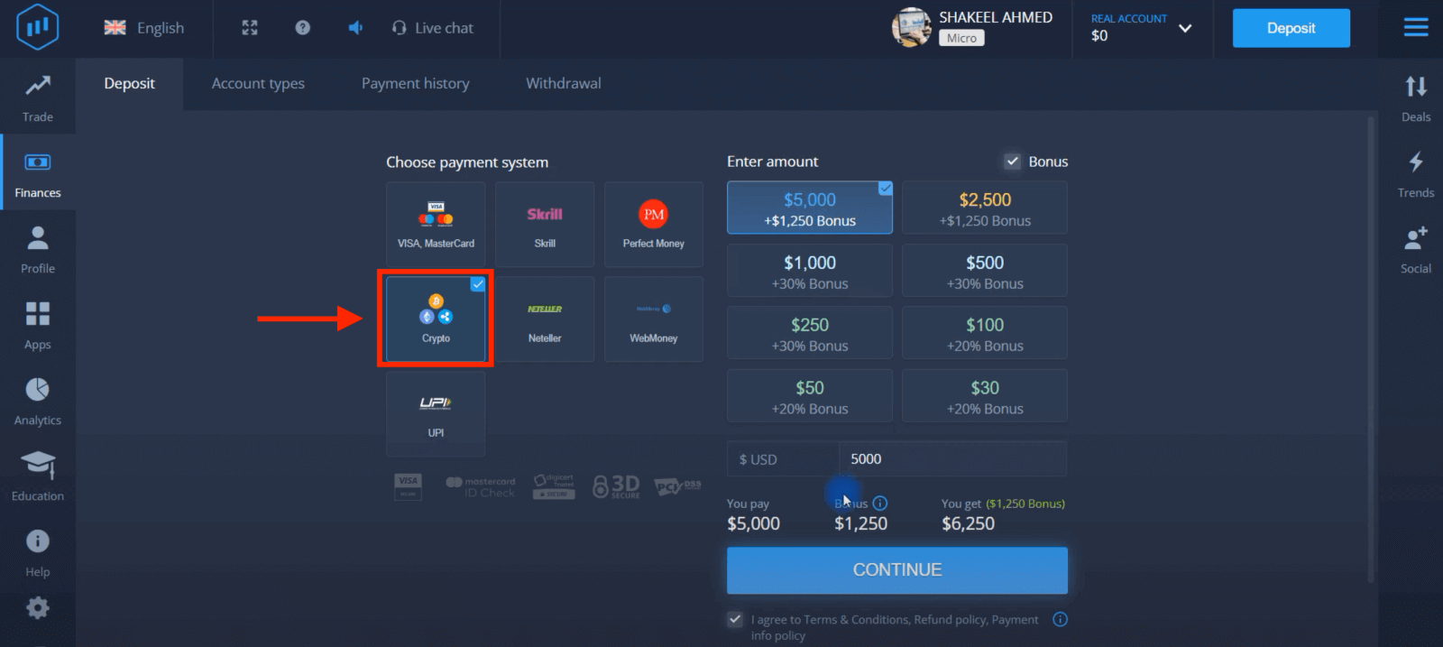 Idiphozithi Imali ku-ExpertOption ngamakhadi asebhange (i-Visa / Mastercard), izinkokhelo ze-E (UPI, RuPay, Skrill, Neteller, PayTM, Globe pay, Perfect Money) kanye ne-Cryptocurrency eNdiya