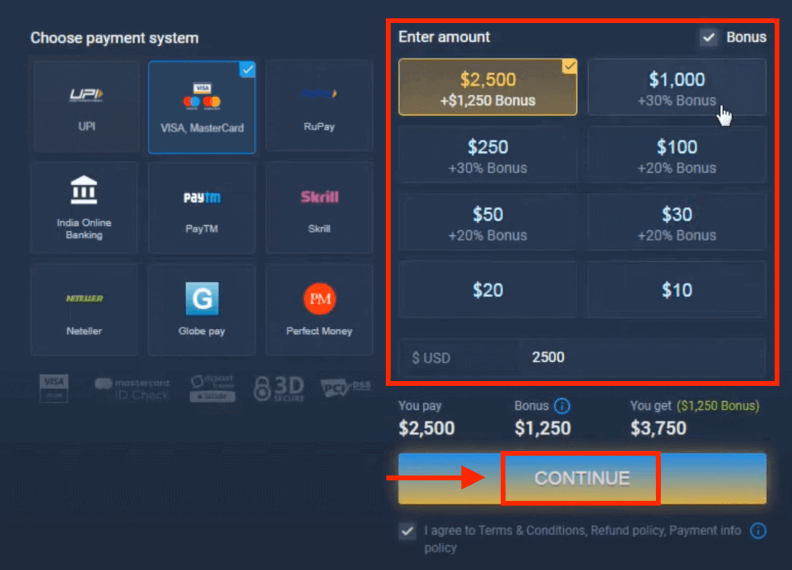 Idiphozithi Imali ku-ExpertOption ngamakhadi asebhange (i-Visa / Mastercard), izinkokhelo ze-E (UPI, RuPay, Skrill, Neteller, PayTM, Globe pay, Perfect Money) kanye ne-Cryptocurrency eNdiya