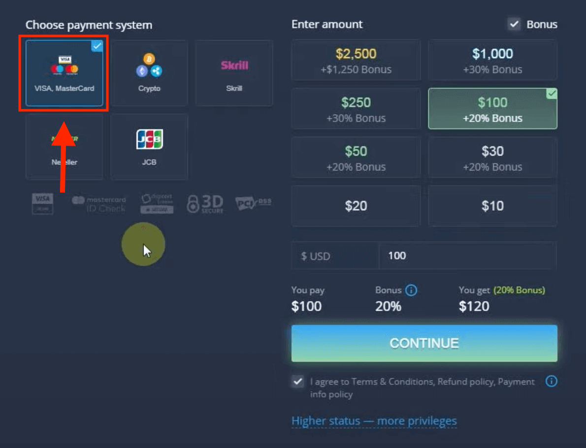 Idiphozithi Imali ku-ExpertOption ngamakhadi asebhange (i-Visa / Mastercard / JCB), izinkokhelo ze-E (Skrill, Neteller) kanye ne-Cryptocurrency ePhilippines