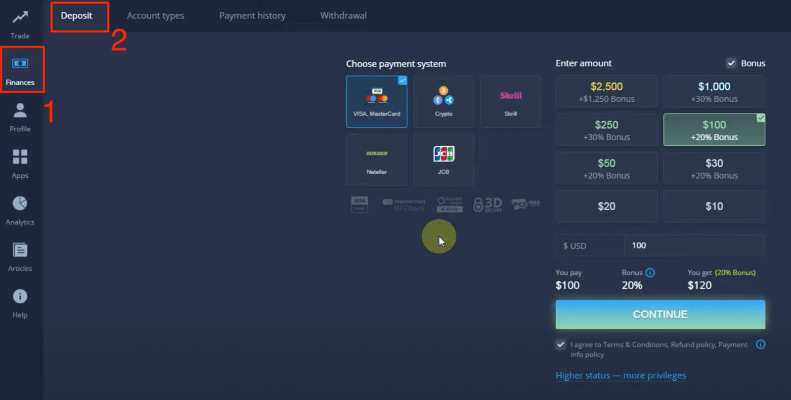 Idiphozithi Imali ku-ExpertOption ngamakhadi asebhange (i-Visa / Mastercard / JCB), izinkokhelo ze-E (Skrill, Neteller) kanye ne-Cryptocurrency ePhilippines