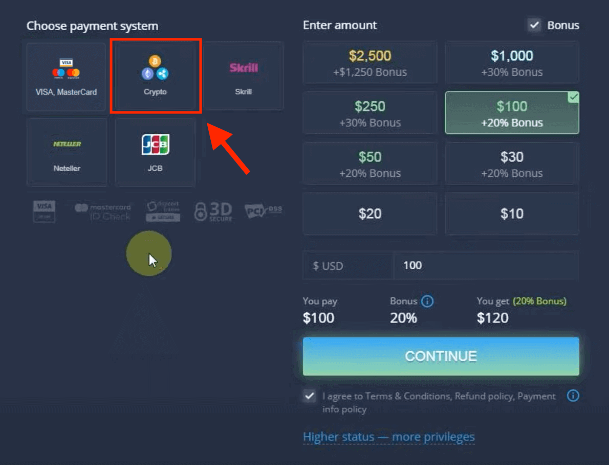 Idiphozithi Imali ku-ExpertOption ngamakhadi asebhange (i-Visa / Mastercard / JCB), izinkokhelo ze-E (Skrill, Neteller) kanye ne-Cryptocurrency ePhilippines