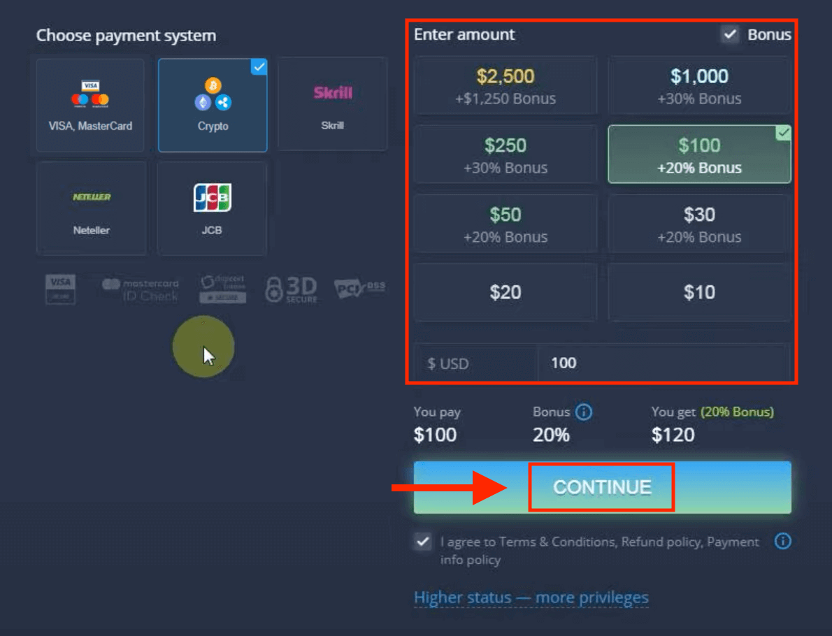 Idiphozithi Imali ku-ExpertOption ngamakhadi asebhange (i-Visa / Mastercard / JCB), izinkokhelo ze-E (Skrill, Neteller) kanye ne-Cryptocurrency ePhilippines