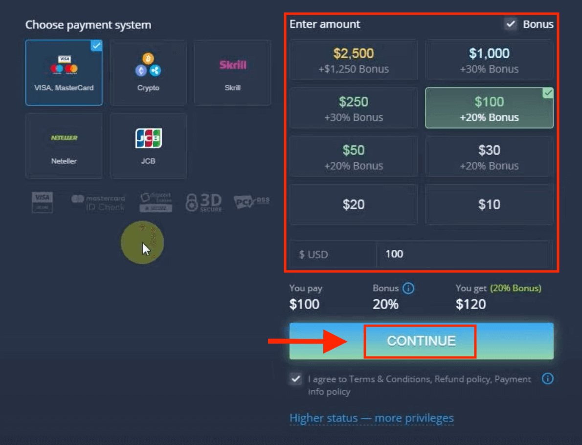 Idiphozithi Imali ku-ExpertOption ngamakhadi asebhange (i-Visa / Mastercard / JCB), izinkokhelo ze-E (Skrill, Neteller) kanye ne-Cryptocurrency ePhilippines