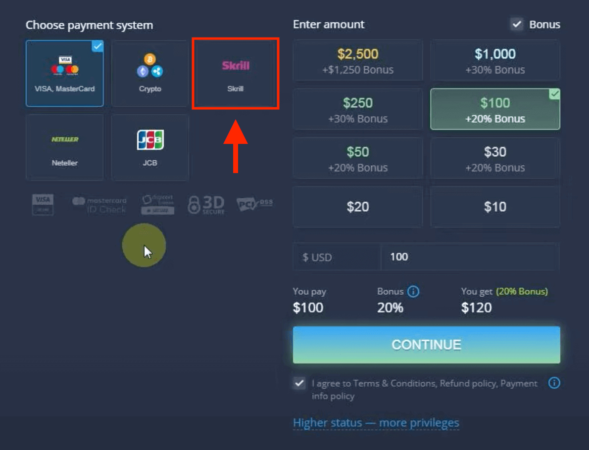 Idiphozithi Imali ku-ExpertOption ngamakhadi asebhange (i-Visa / Mastercard / JCB), izinkokhelo ze-E (Skrill, Neteller) kanye ne-Cryptocurrency ePhilippines