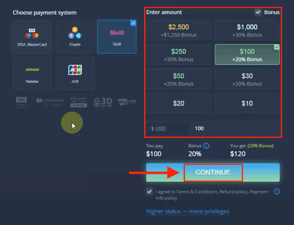 Idiphozithi Imali ku-ExpertOption ngamakhadi asebhange (i-Visa / Mastercard / JCB), izinkokhelo ze-E (Skrill, Neteller) kanye ne-Cryptocurrency ePhilippines