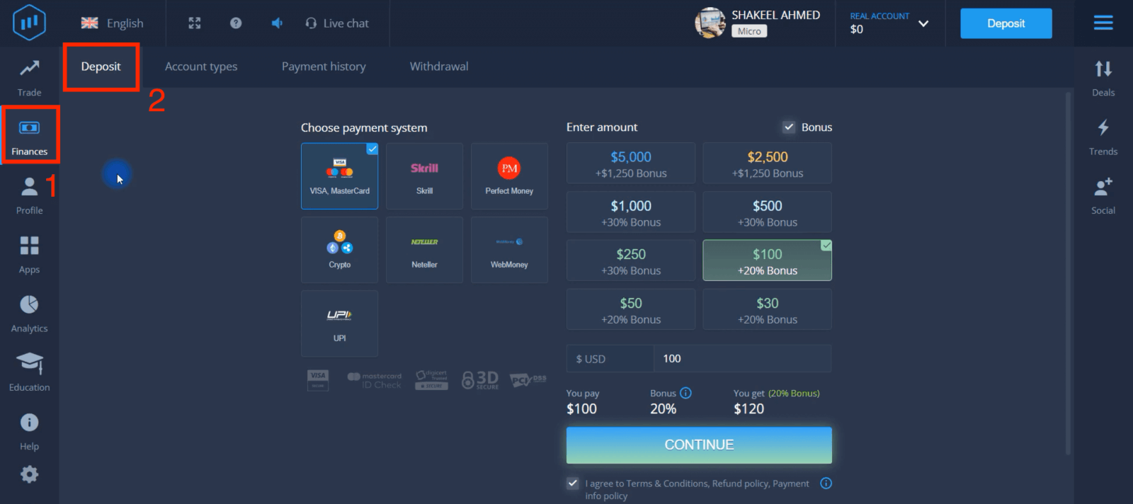 インドの ExpertOption 入金 — Visa/Mastercard、UPI、電子決済、暗号通貨