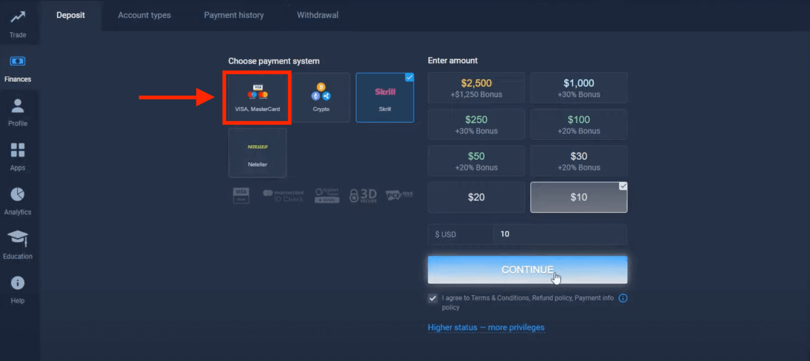 南アフリカでの ExpertOption 入金 — Visa/Mastercard、Skrill、Neteller、Crypto