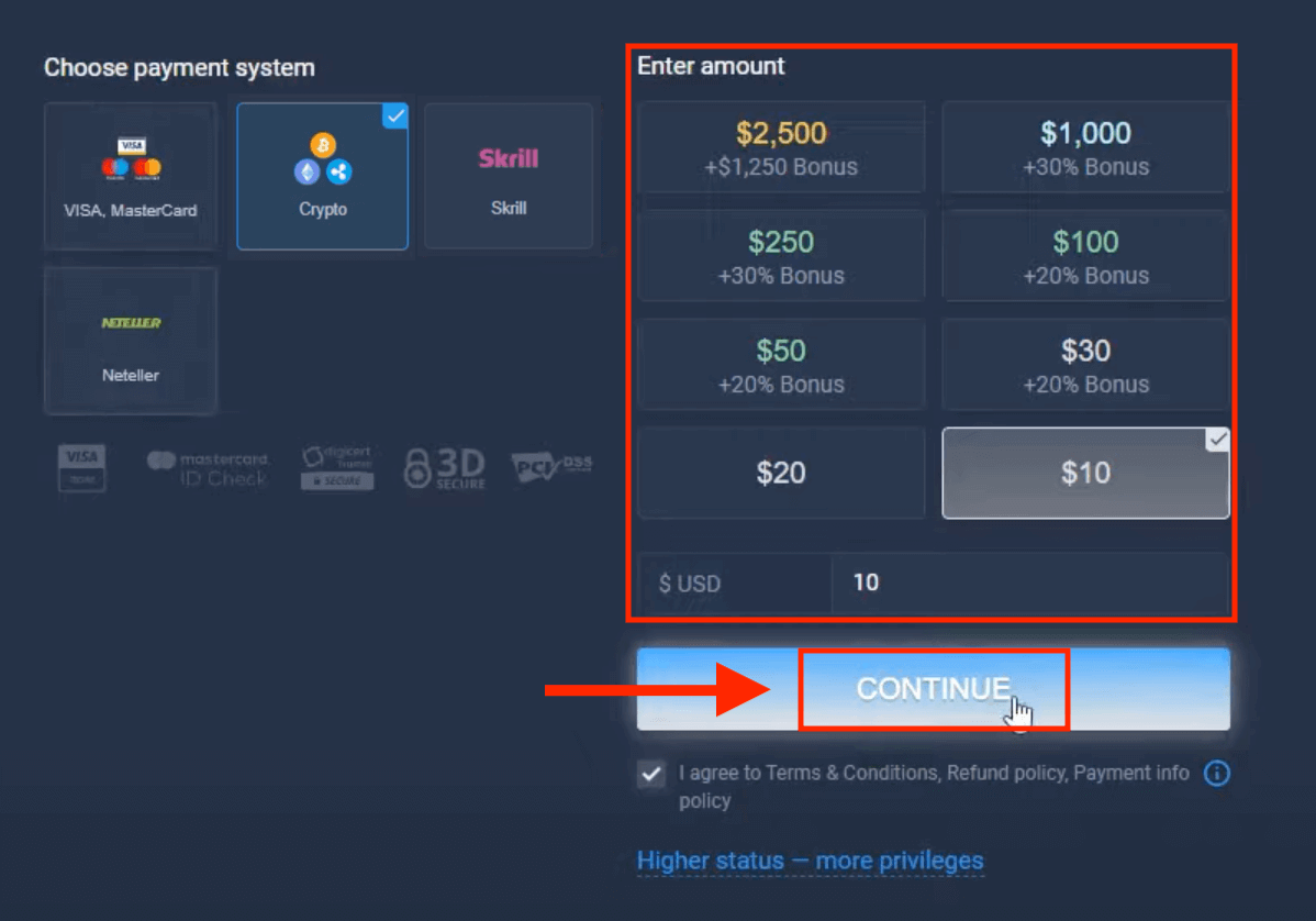 南アフリカでの ExpertOption 入金 — Visa/Mastercard、Skrill、Neteller、Crypto