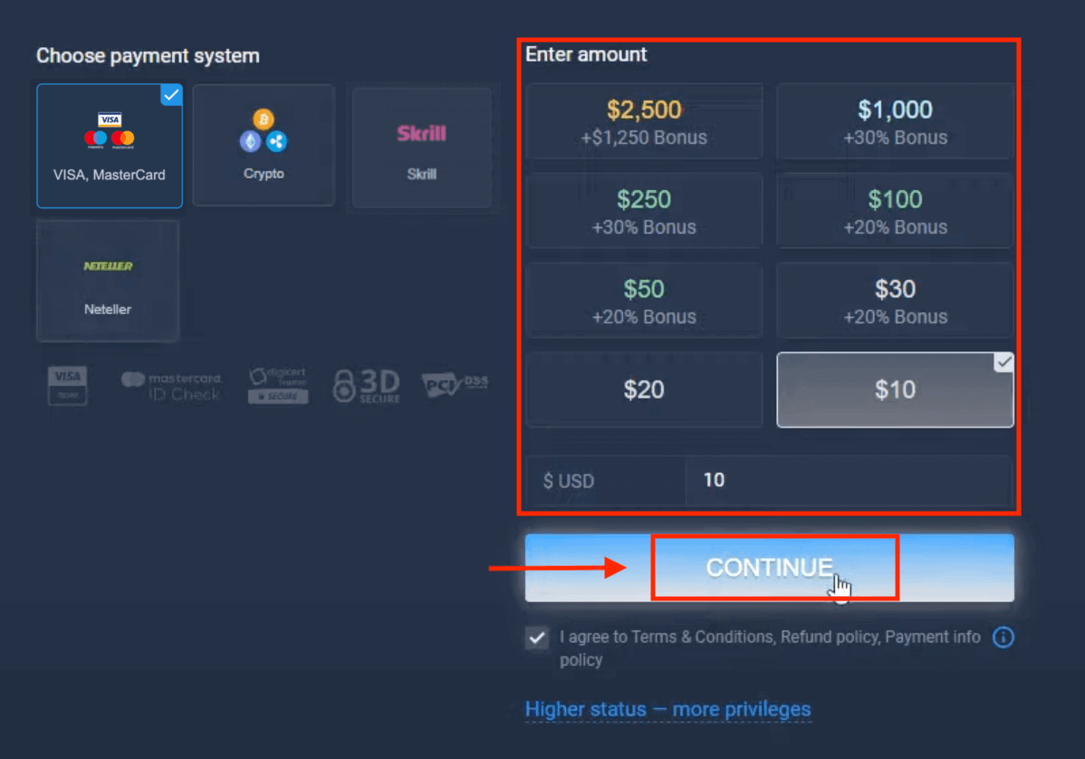 南アフリカでの ExpertOption 入金 — Visa/Mastercard、Skrill、Neteller、Crypto