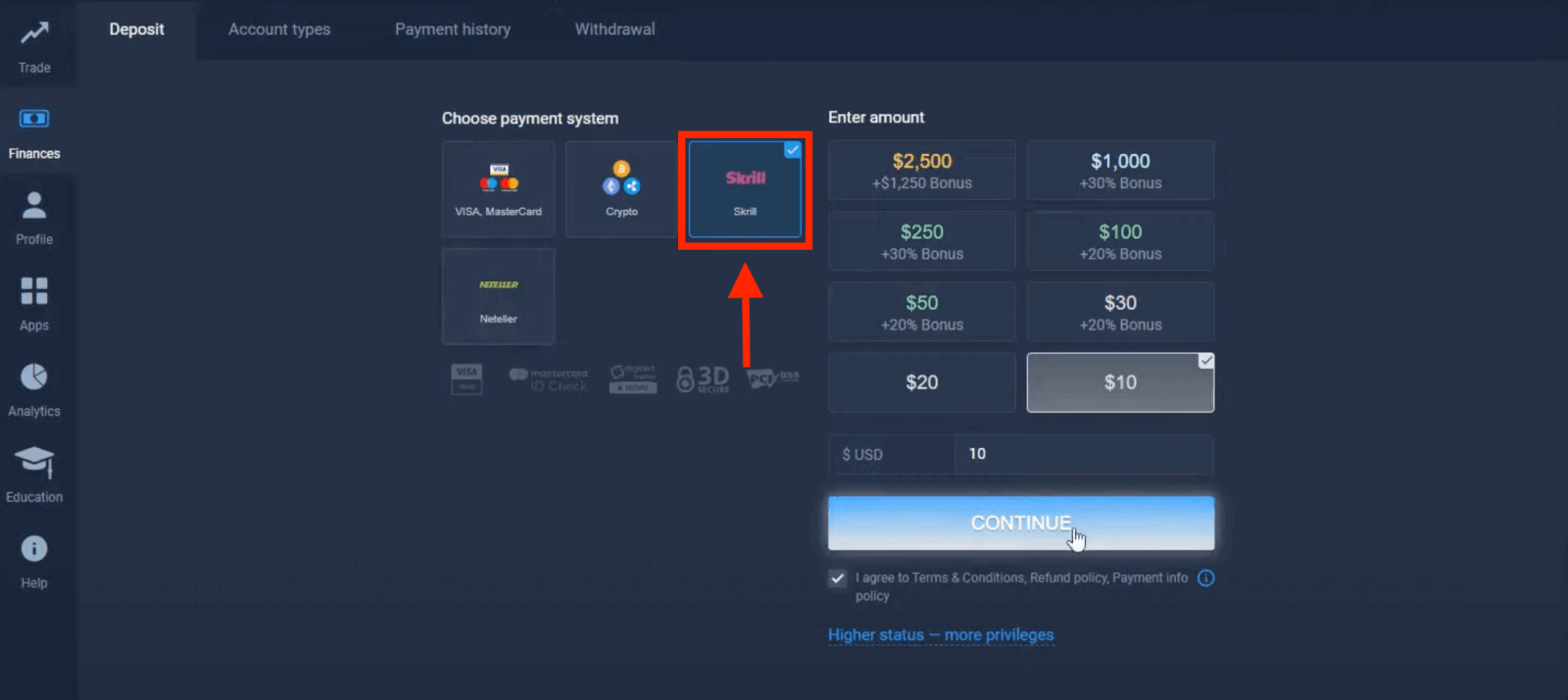 南アフリカでの ExpertOption 入金 — Visa/Mastercard、Skrill、Neteller、Crypto