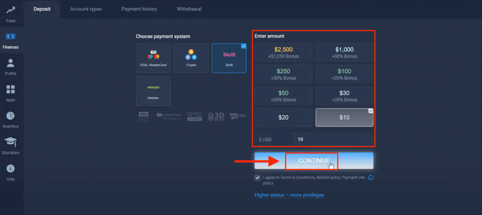 南アフリカでの ExpertOption 入金 — Visa/Mastercard、Skrill、Neteller、Crypto