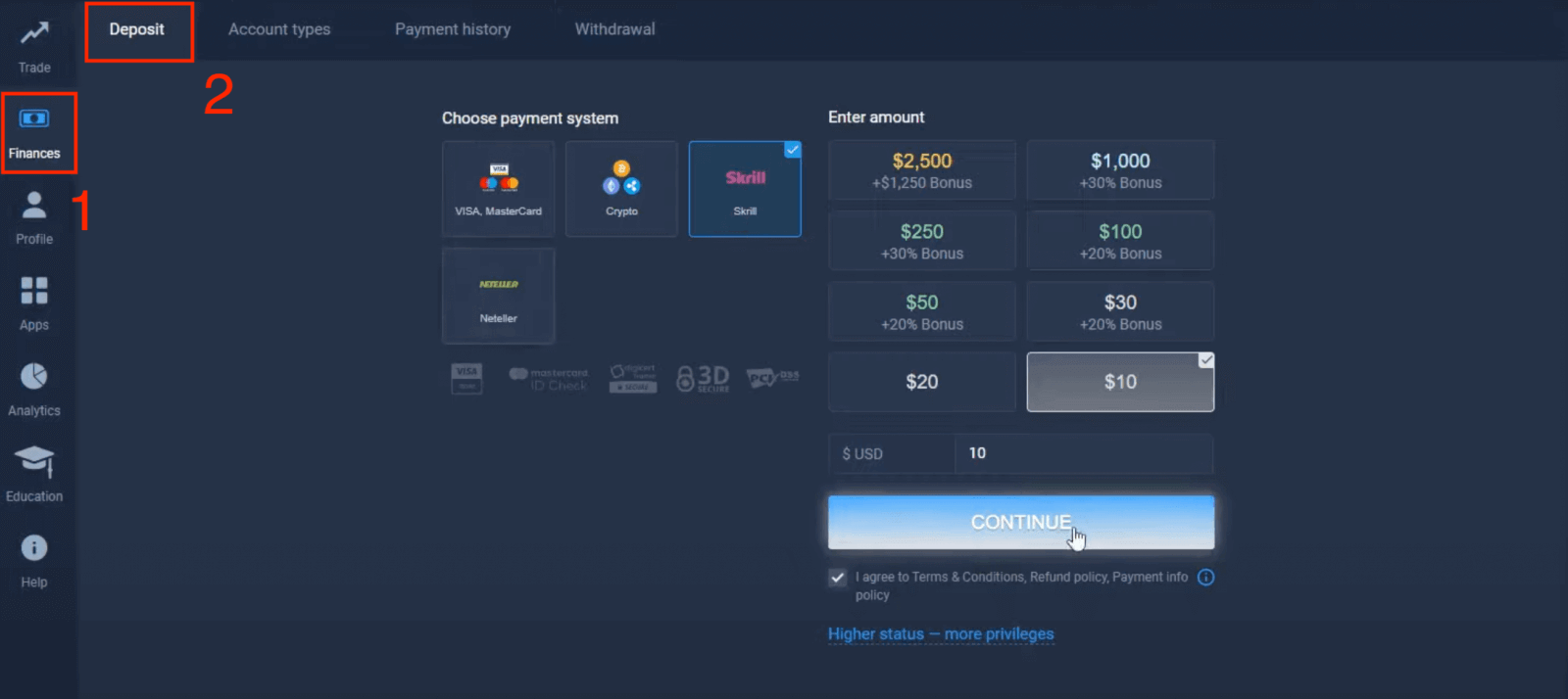 南アフリカでの ExpertOption 入金 — Visa/Mastercard、Skrill、Neteller、Crypto