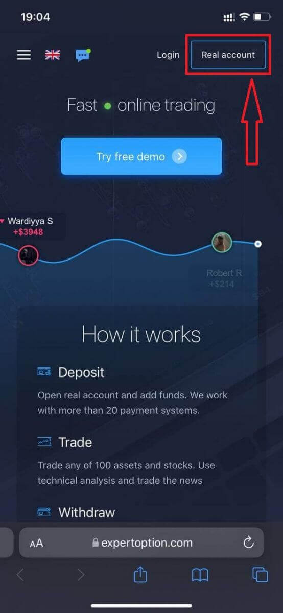 Чӣ тавр ҳисобро дар ExpertOption сабти ном кардан мумкин аст